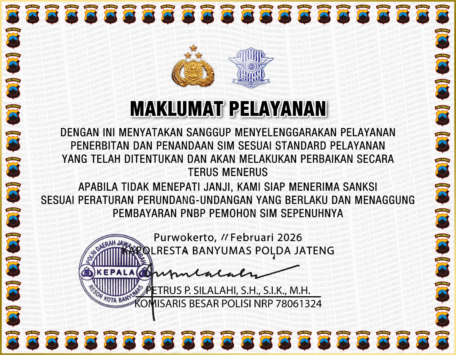 Maklumat Pelayanan Satpas Polresta Banyumas